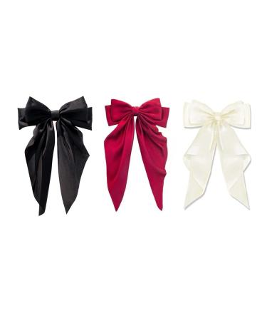 DKDDSSS 3PCS Bow Hair Clips Large Satin Ribbon Bow Hairpins Bows Hair Barrettes Fastener French with Long Ribbon Vintage Hair Slides Solid Color Bowknot Party Hair Accessories Gifts Girls Ladies