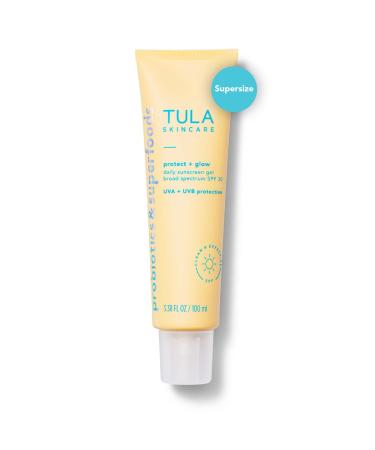 TULA Skin Care Supersize Protect + Glow Daily Sunscreen Gel Broad Spectrum SPF 30 | Skincare-First  Non-Greasy  Non-Comedogenic & Reef-Safe with Pollution & Blue Light Protection | 3.38 fl. oz. 3.38 Fl Oz (Pack of 1)