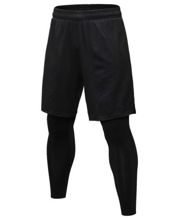 TOPTIE 2 in 1 Men's Active Running Shorts, Basketball Tights Pants Black Large