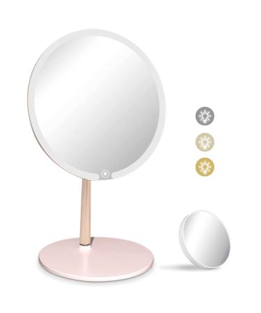 CULER Vanity Makeup Lighted 8.5 inch Mirror with 3 Color Makeup LED Rechargeable Mirror with Touch Control Table Desk Mirror with 5X Magnifing Compact Travel Mirror(Pink)