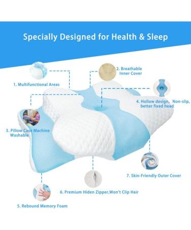 Memory Foam Cervical Pillow - Househerb Multifunctional Ergonomic Contour Pillow for Neck and Shoulder Pain Relief - Washable Pillowcase - Blue - Buy Online on GoSupps.com