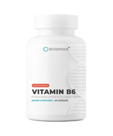 Biogenique Vitamin B6 100 mg - 60 Capsules B6 Pyridoxin - Supports Energy Production & Metabolism - 2 Months Supply Vitamin B6 Supplement Made in Canada Non-GMO Vegan