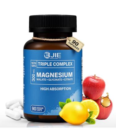 Triple Complex Magnesium 300mg | High Absorption Magnesium Glycinate Citrate & Malate Supplement | Supports Muscle Function Metabolism & Heart Health | Vegan Non-GMO | 90 Capsules 90 Count (Pack of 1)