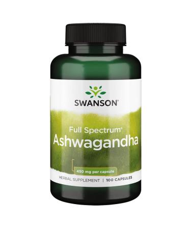Swanson Full Spectrum Ashwagandha (Ashwagandha Root) 450mg 100 Capsules Laboratory Tested Soy Free Gluten Free Non-GMO