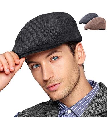 2Pack Adjustable Newsboy Hats for Men Flat Cap Mens Irish Cabbie Gatsby Tweed Ivy 002 Black+brown 2pack Large-X-Large