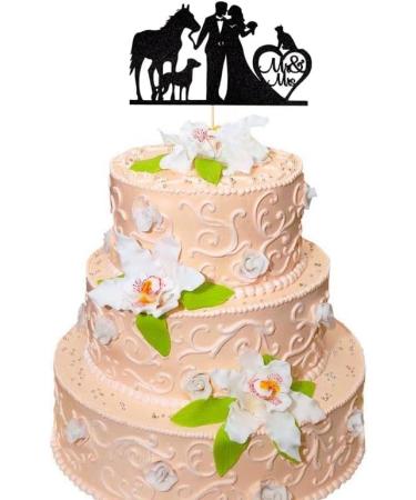 Mr & Mrs Cake Topper Bride and Groom with Cat Dog Horse Silhouette Wedding Party Decorations Black Glitter - Buy Online on GoSupps.com