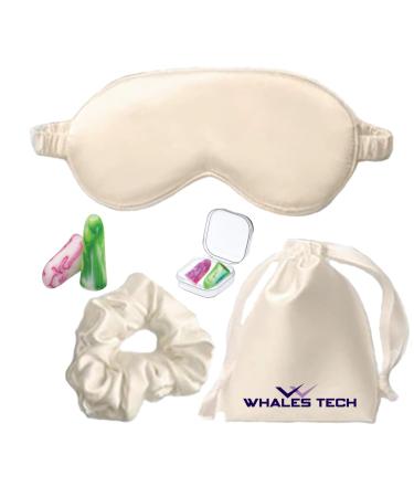 Whales Tech Silk Sleeping Eye Mask for Women Night Sleep Travel Nap Yoga Smooth Soft Comfortable Eye Cover Ear Plugs Hair Tie Storage Bag (Off White) Adult