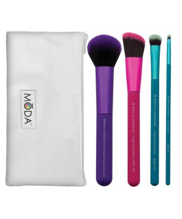 MODA Royal & Langnickel Full Size Complete 5pc Makeup Brush Set with Pouch Includes - Multi-Purpose Powder Angle Foundation Domed Shadow and Angle Liner Brushes Multicolor