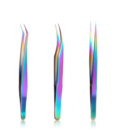 Lash Tweezers Set  3Pcs Stainless Steel Lash Extension Tweezers 3 Styles Straight and Curved Eyelash Tweezers for Removing Eyebrows False Lashes Smeared False Nails (Color Titanium)