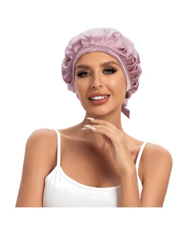 Cocheng 100% Mulberry Silk Bonnet for Sleeping Double Layer Silk Sleep Cap with Tie Band 19 Momme Breathable Silk Hair Bonnet Bean Pink