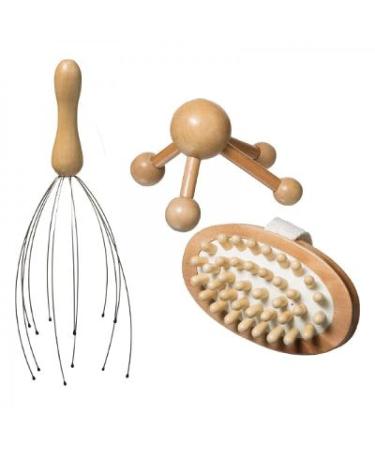 Massagebox wood set 3 tlg. |Head massager |Back massager |Universal body massage device 4 heads - wellness head crawler head massage spider relaxation foot massage brush beauty hygiene