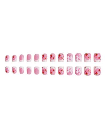Buy Short Square French Tip Press on Nails - Pink Full Cover Strawberry Fake Nails with Bow Charm - Glossy Glue on Acrylic Nails for Women & Girls - Buy Online on GoSupps.com