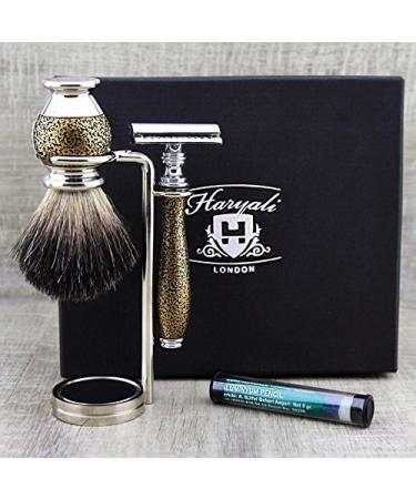 Antique Style Men's Shaving Essentials: Pure Black Badger Brush DE Safety (Blades NOT Included) Dual Stand| Gift Kit