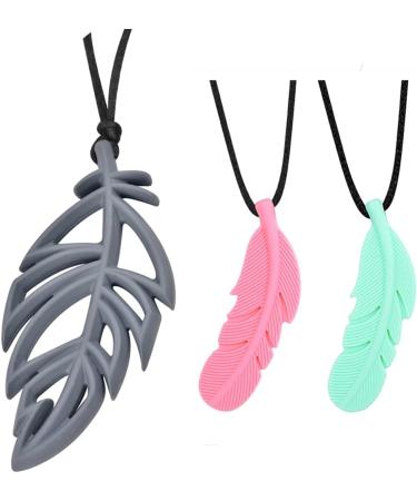 Chew Necklace for Sensory Kids Adults | Silicone Leaf Feather Pendant Teething Necklace | Chewy Necklaces | Chewing Toy Made Soft | Adjustable | 3 Pack Pinks/Green/Grey