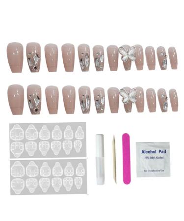 Long Press on Nails French Tip Fake Nails with 3D Butterfly Rhinestones Designs Glossy Full Cover Acrylic Nails for Women styles 1