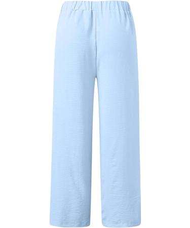 SODAN Women's Side Slit Palazzo Pants - Elastic Waist Cotton Linen Trousers in Summer Blue - Size Medium - Buy Online on GoSupps.com
