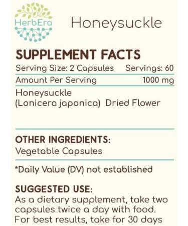 HerbEra Honeysuckle 120 Capsules, 500 mg, Honeysuckle (Lonicera Japonica) Dried Flower (120 Capsules) 120 Count (Pack of 1) - Buy Online on GoSupps.com