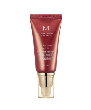 Missha M Perfect Cover BB Cream SPF 42 PA+++(#21 Light Beige), Amazon Code Verified for Authenticity, 50ml, Concealing Blemishes, dark circles, UV Protection