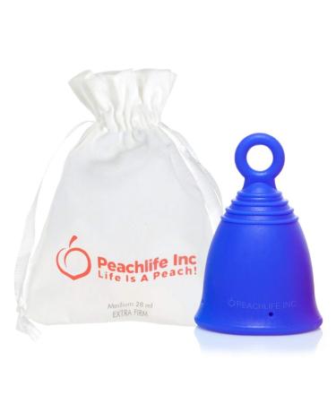 Silicone Ring Menstrual Cup with Loop Pull Stem Handle - Reusable for 10 Years - Medium Size Extra Firm Peachcup