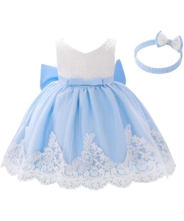 FYMNSI Baby Girl Baptism Christening Dress - Lace Floral Embroidery Princess Gown with Headband, Blue (6-9 Months) - Buy Online on GoSupps.com