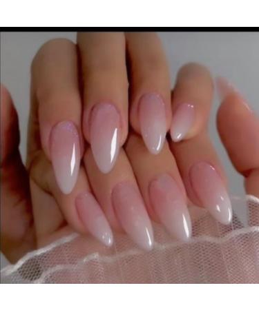 24Pcs/Set Press On Nails French Peach Powder Gradual Almond False Nails Acrylic Fake Nails Full Cover Nails Tips Artificial Finger Manicure Press on nails for Women and Girls