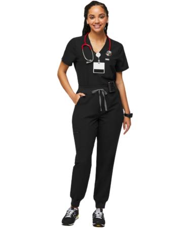 FIGS Zamora High Waisted Jogger Style Scrub Pants for Women - Slim Fit, 6 Pockets, High Rise, Yoga Waistband - Black (Regular, Medium) - Buy Online on GoSupps.com