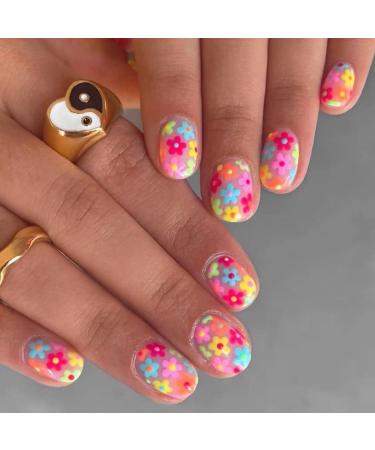 Mouyouglow press on nails short short square oval wide colored floral fake nails full cover artificial nails with nail glue squieval colourful flower acrylic artificial fingernails for women press i25