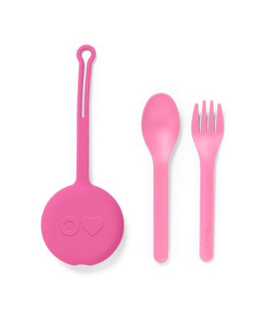 OmieBox Kids Utensils Set with Case - 2 Piece Plastic, Reusable Fork and Spoon Silverware with Pod for Kids, Travel, Lunch Boxes - (Bubble Pink)