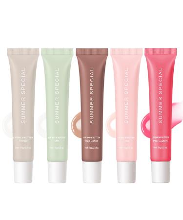 5 PCS Summer Special Lip Butter Hydration Lip Gloss with Shea Butter & Olive Oil Soothes Dry Lips and Lip Care Lip Balm with Natural Tint & Gloss Effect Lip Stain Vanilla/Mint/Iced Coffee/Cake/Guava