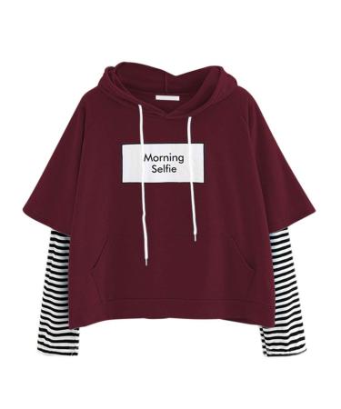 Bigfanshu Womens Sweaters Ladies Sweatshirt Hooded Long Sleeve Crop Patchwork Blouse Pullover Tops Wine
