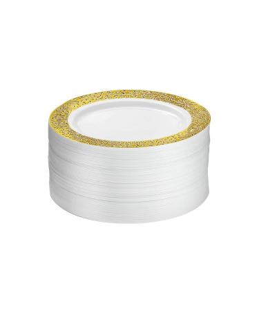 M Honor 60 Piece Gold Lace Rimmed Round Plastic Reusable Plates for Weddings Parties and Dinners | 7.5 Inch Diameter