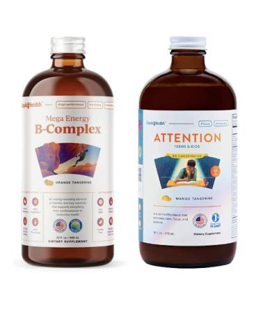LIQUIDHEALTH Mega Energy B-Complex & Attention Teens & Kids Liquid Vitamin Bundle for Children - Improve Focus & Concentration Boost Mood Increase Natural Energy Levels - Vegan Non-GMO USA Made