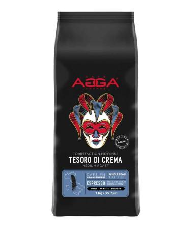 Caf Agga - Espresso Tesoro Di Crema Whole Bean Coffee - 100% Arabica Medium Roast Gourmet Coffee - BRCGS & Kosher Certified - 3/6 Intensity Caramelized and Tangy Coffee - 1 Kg (2.2 lb) Tesoro Di Crema 1 kg (Pack of 1)
