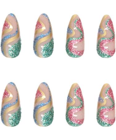 Justotry 24 Pcs Short Glitter Swirl Oval Press on False Nails with Nail Glue - Almond French Stick on Nails for Women - Wavy Green3 Design - Buy Online on GoSupps.com