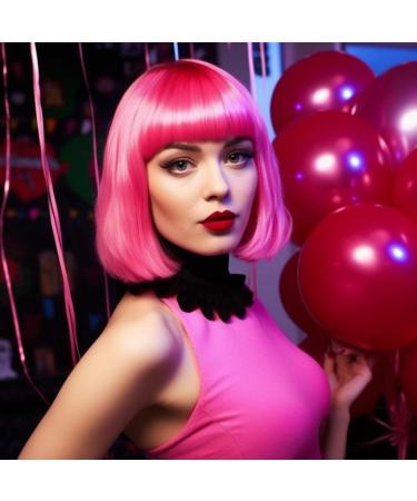 LIULIUBTY Short Bob Neon Wig with Flat Bangs - 14 Synthetic Colorful Cosplay Daily Party Hair + Free Wig Cap - Pink - Buy Online on GoSupps.com
