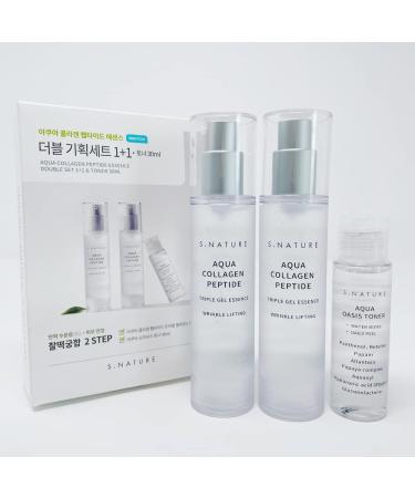 Aqua Collagen Peptide Triple Gel Essence Serum 50ml+50ml S Nature Aqua Oasis Toner 30ml Korean Skin Care Set (Pack of 3) Essence 50ml 1+1 Toner 30ml