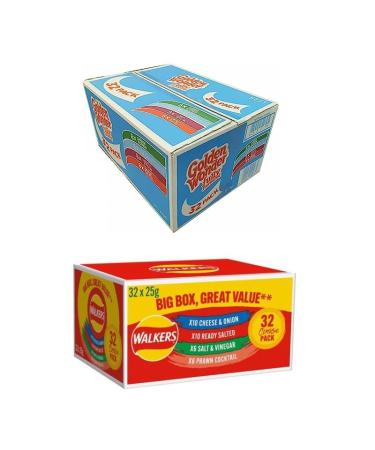 Golden Wonder Fully Flavoured Blue Box And Walkers Big Red Box Cheese and Onion Salt and Vinegar Smoky Bacon Ready Salted Prawn Cocktails 32pkx25g Each Box/Total 64 Individual Bags | By IDEAONIC
