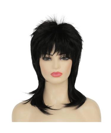 Amnenl Short Black Wig Shaggy Layered Wig 80s Mullet Wig for Women Black Curly Wig Heat Resistant Cosplay Daily Hair Wigs (Black)