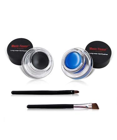 Music Flower Gel Eyeliner with 2 Brushes Set Waterproof Long Lasting Gel Liner Easy to Eye Makeup and Remove Pack of 2 Black & Blue Blue+Black