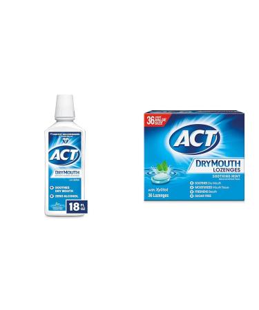 ACT Dry Mouth Anticavity Mouthwash 18 oz & 36 Lozenges Bundle Soothing Mint