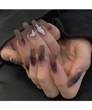 Brishow artificial nails black nails to stick on butterfly press on nails 24 pieces for women and girls