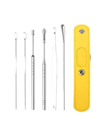 Aopukidor The Most Professional Ear Cleaning Master in 2023 Earwax Cleaner Tool Stainless Steel Ear Wax Removal Tool 6-Piece Set with PU Leather (Yellow)