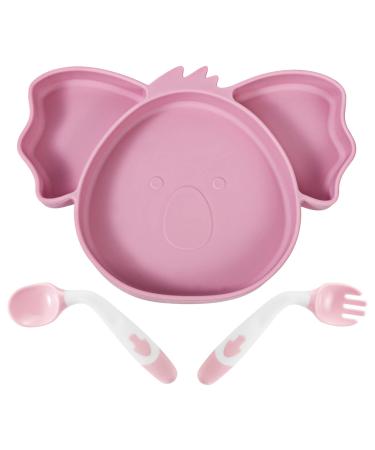 Lanjue Baby Suction Plate Silicone Suction Plate Baby with Spoon and Fork Non Slip Self Feeding Training Divided Weaning Plates for Baby Toddler Pink