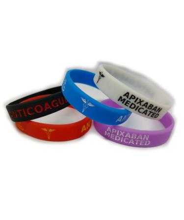 5X APIXABAN Medicated Wristband Medical Awareness Alert Bracelet Glow in The Dark Red Black Purple Blue Anticoagulant (Adult 202mm/8inch Circumference)