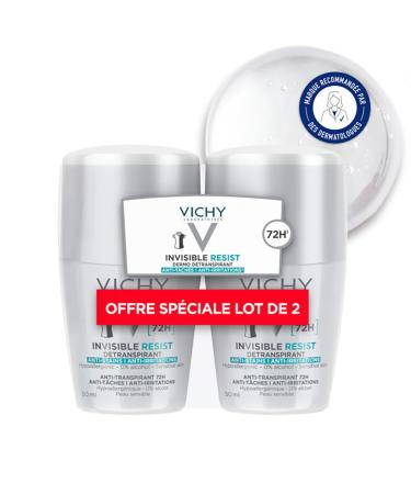 Vichy, Invisible Resist, Roll-On Deodorant, Antiperspirant with Long-Lasting Effectiveness 72 H, Anti-Yellow and White Spots, Suitable for Sensitive Skin, Pack of 2x50 ml