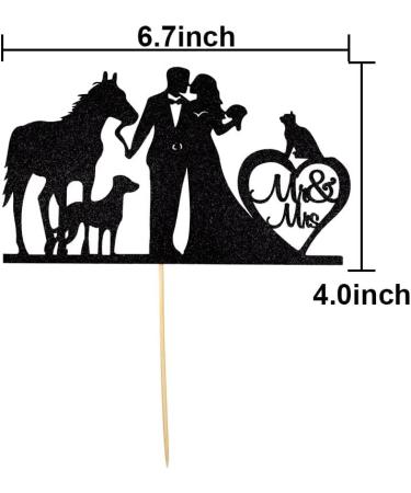 Mr & Mrs Cake Topper Bride and Groom with Cat Dog Horse Silhouette Wedding Party Decorations Black Glitter - Buy Online on GoSupps.com