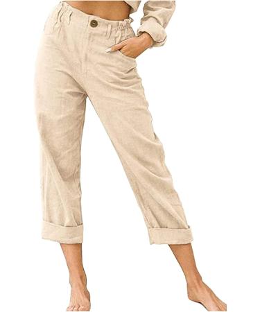 Womens Elastic High Waist Cotton Linen Pants - Beige-11 X-Large - Buy Online on GoSupps.com
