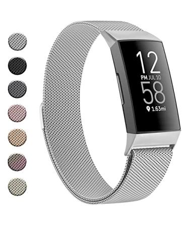 VANCLE band for Fitbit Charge 4 Band for Women Men, Stainless Steel Mesh Breathable Wristband with Adjustable Magnet Clasp for Fitbit Charge 4 / Charge 3 .Silver Small