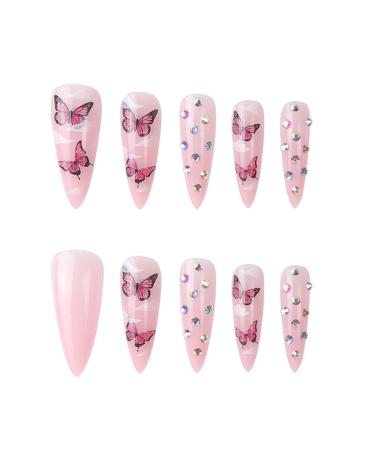 Kamize Pink Bling Stiletto Press on Nails - 24PCS Long Full Cover Acrylic Butterfly False Nails for Women and Girls - Buy Online on GoSupps.com