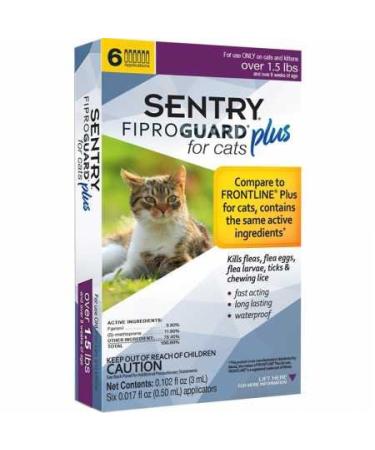 SENTRY Fiproguard Plus Flea and Tick Topical for Cats, 1.5 lbs and Over, 6 Month Supply